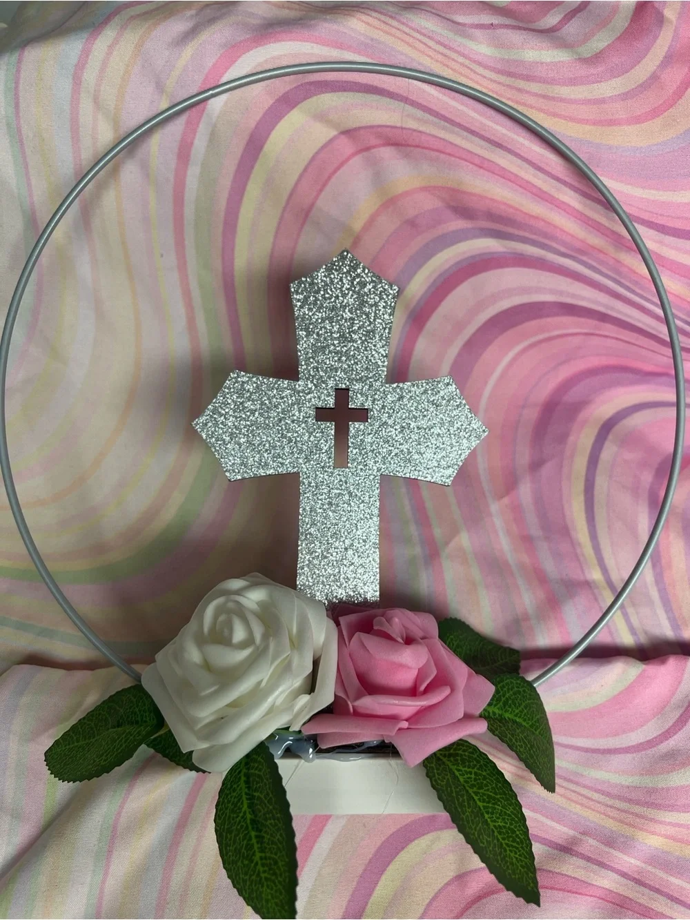 Glitter Cross Hoop Decor with White & Pink Roses